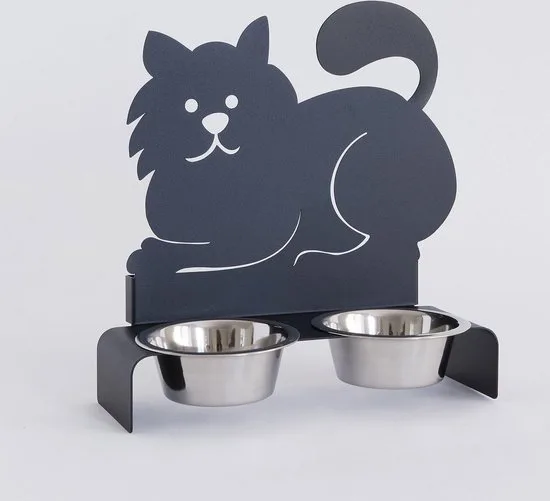 Dubbele metalen voerbak – Italiaans design, kattensilhouet, antraciet